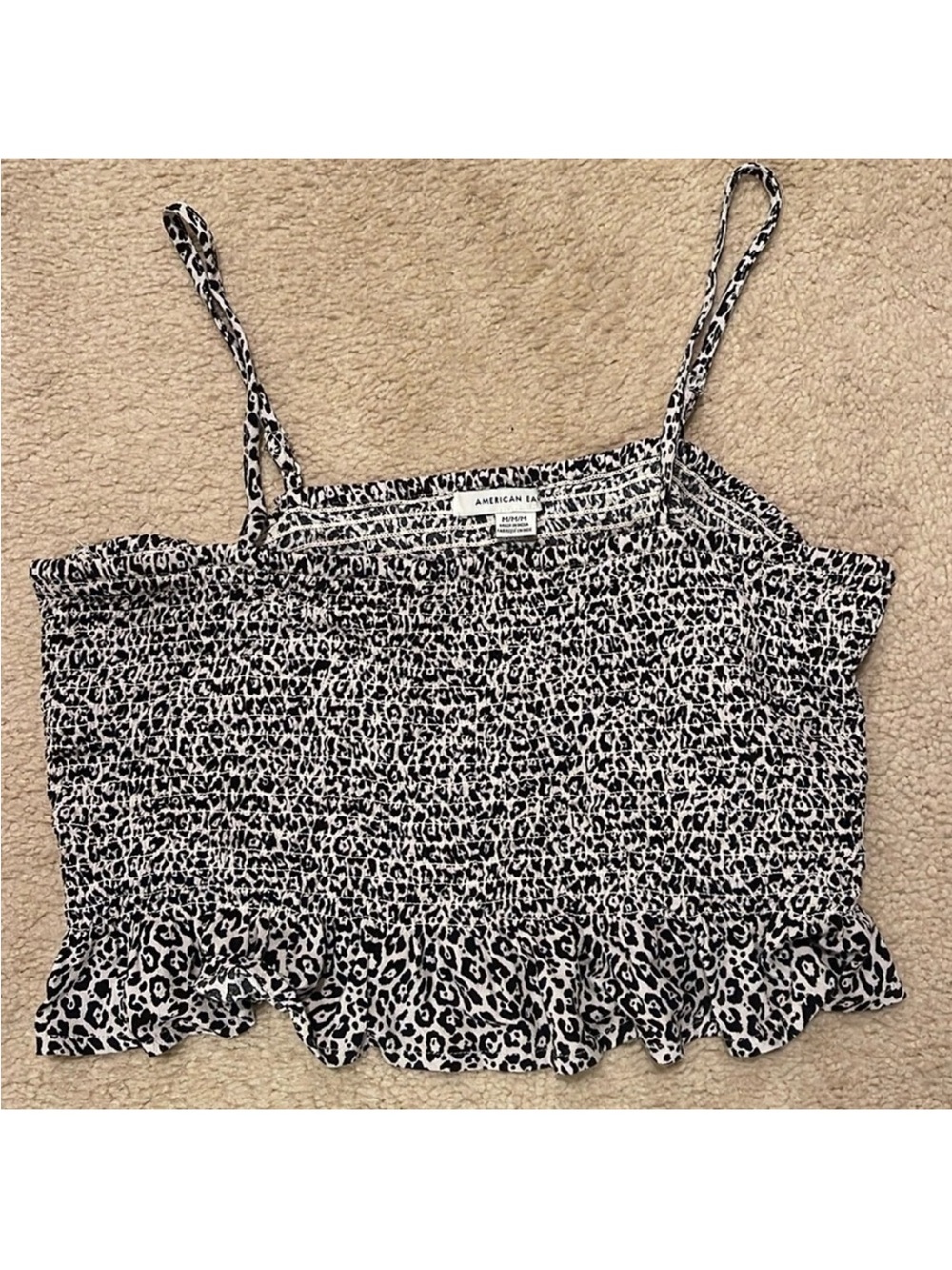 American Eagle Outfitters Black & White Leopard Smocked Crop Top